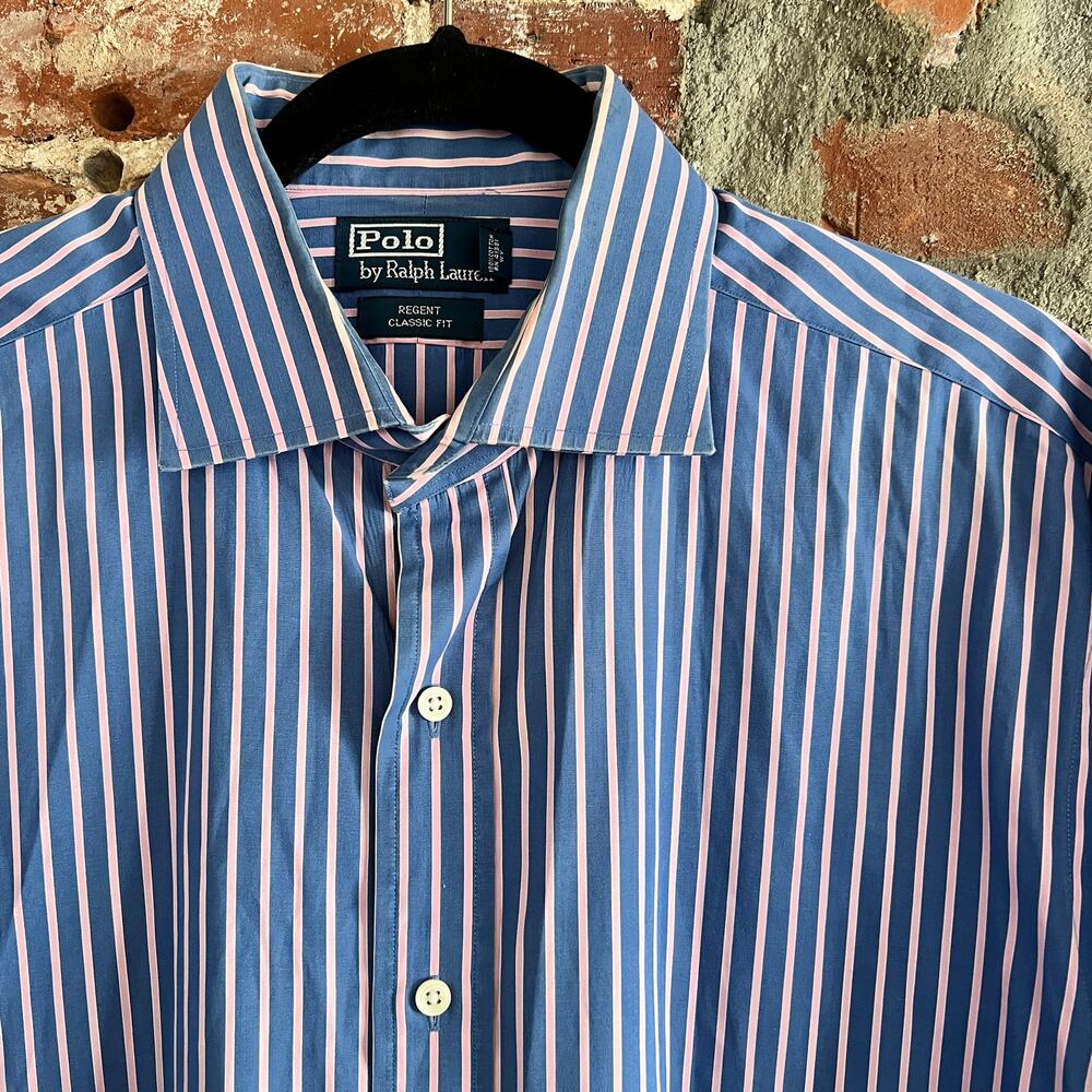 Polo Ralph Lauren Blue Pink Stripe Regent Classic Dress Shirt L 17 32/33 25x32